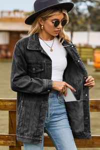 Buttoned Collared Neck Denim Jacket with Pockets**
