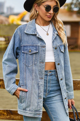 Buttoned Collared Neck Denim Jacket with Pockets**