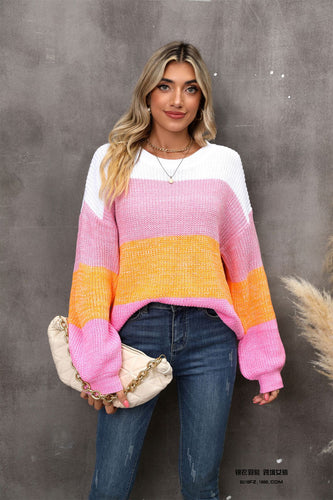 Color Block Round Neck Dropped Shoulder Sweater**