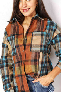 Double Take Plaid Curved Hem Shirt Jacket with Breast Pockets**