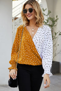 Polka Dot Surplice Neck Lantern Sleeve Blouse**