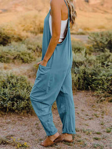 Double Take Full Size V-Neck Sleeveless Jumpsuit with Pockets**