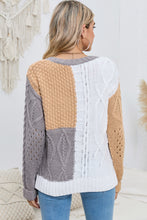 Cable-Knit Openwork Round Neck Color Block Sweater**