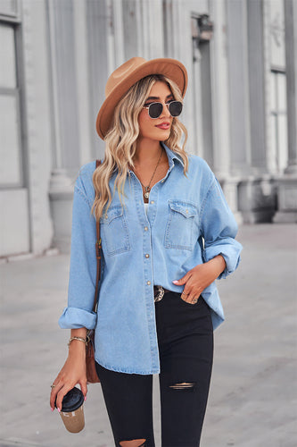 Collared Neck Dropped Shoulder Denim Top**