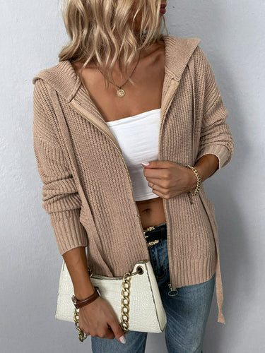 Zip-Up Drawstring Detail Hooded Cardigan**