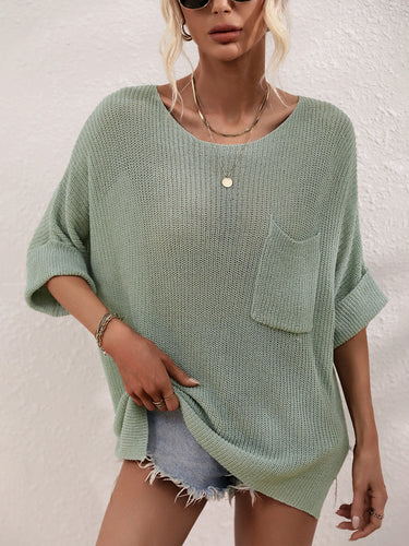 Boat Neck Cuffed Sleeve Slit Tunic Knit Top**