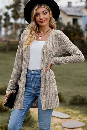 Ribbed Button-Up Cardigan with Pockets**