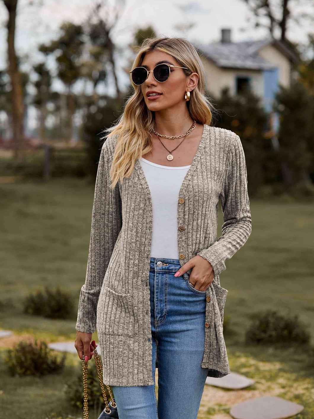 Ribbed Button-Up Cardigan with Pockets**