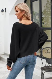 Boat Neck Horizontal Ribbing Dolman Sleeve Sweater**