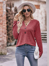 Double Take Buttoned Notched Neck Long Sleeve Top**