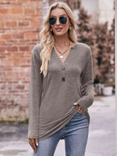 Double Take Buttoned Notched Neck Long Sleeve Top**