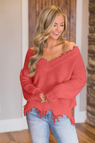 Frayed Hem Dropped Shoulder Sweater**