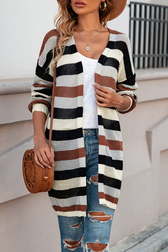 Full Size Striped Long Sleeve Openwork Cardigan**