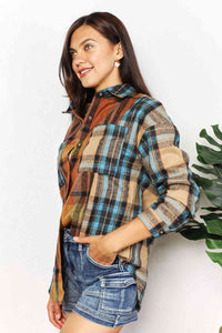 Double Take Plaid Curved Hem Shirt Jacket with Breast Pockets**