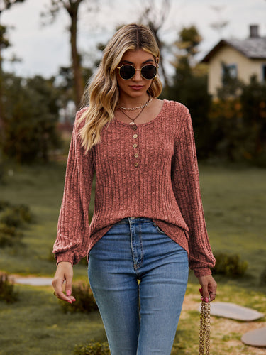 Round Neck Button-Down Long Sleeve Tee**