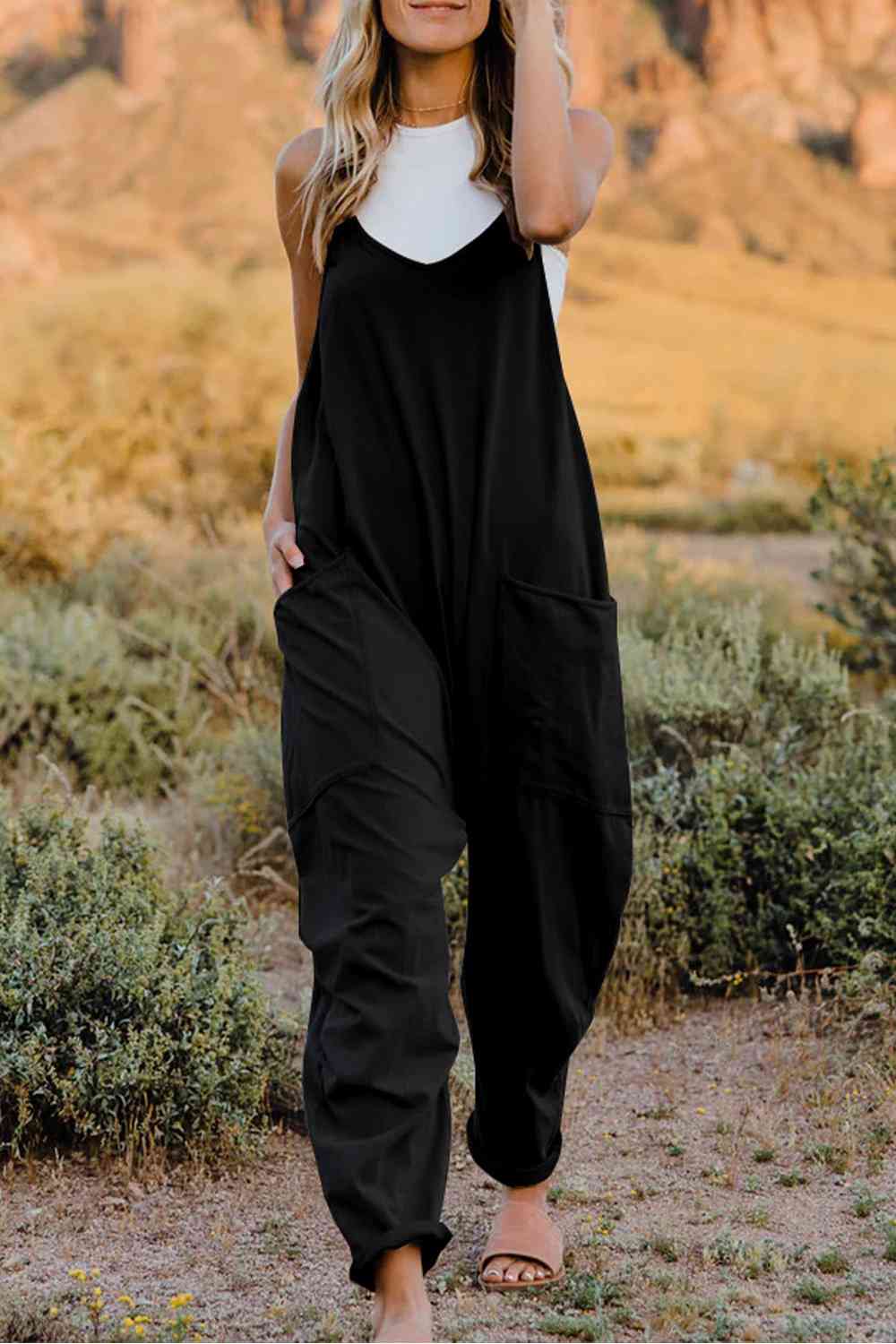 Double Take Full Size V-Neck Sleeveless Jumpsuit with Pockets**