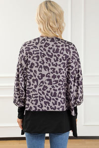 Leopard Round Neck Lantern Sleeve Slit Sweatshirt
