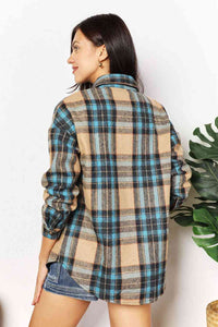 Double Take Plaid Curved Hem Shirt Jacket with Breast Pockets**