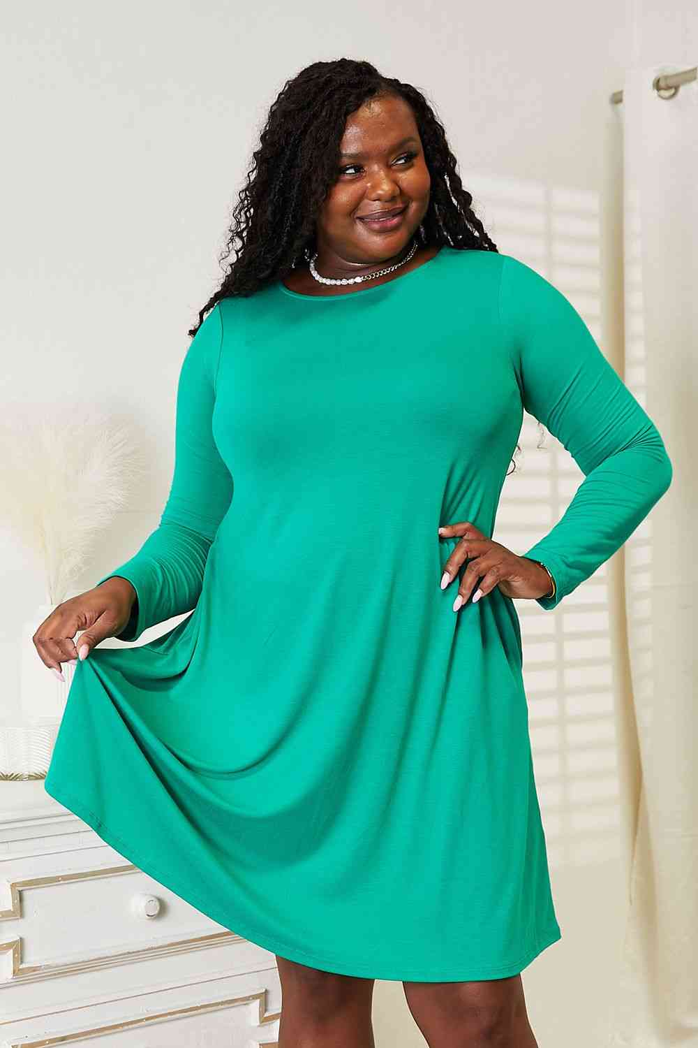 Zenana Full Size Long Sleeve Flare Dress with Pockets**