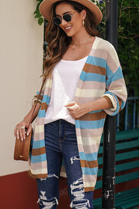 Full Size Striped Long Sleeve Openwork Cardigan**