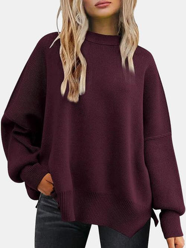 Round Neck Drop Shoulder Slit Sweater**