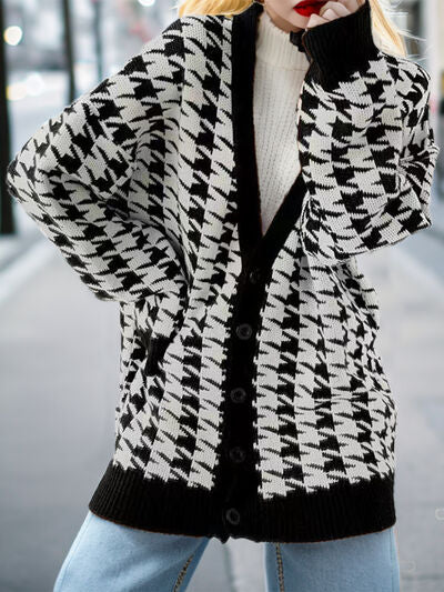 Houndstooth Button Up Long Sleeve Cardigan**