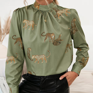 Leopard Graphic Mock Neck Puff Sleeve Blouse**