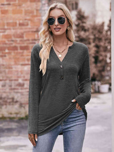 Double Take Buttoned Notched Neck Long Sleeve Top**