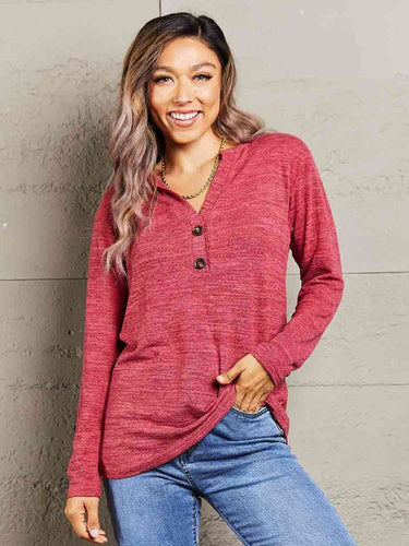 Double Take Buttoned Notched Neck Long Sleeve Top**