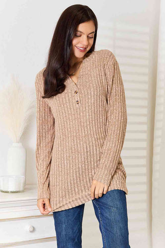 Double Take Notched Neck Ribbed Long Sleeve T-Shirt**