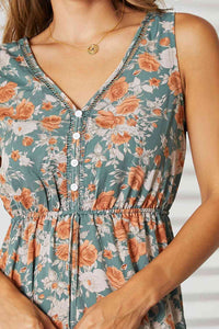 Double Take Floral V-Neck Tiered Sleeveless Dress**