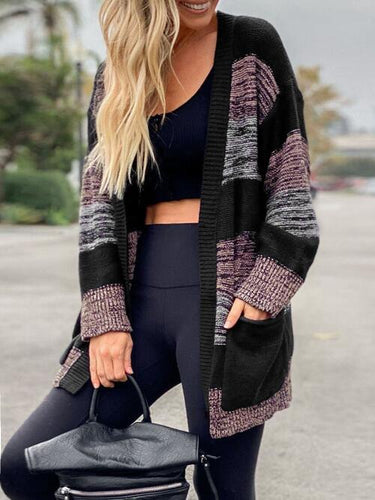 Striped Open Front Long Sleeve Cardigan with Pockets**