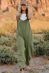 Double Take Full Size V-Neck Sleeveless Jumpsuit with Pockets**