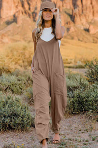 Double Take Full Size V-Neck Sleeveless Jumpsuit with Pockets**