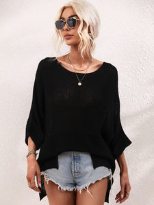 Boat Neck Cuffed Sleeve Slit Tunic Knit Top**