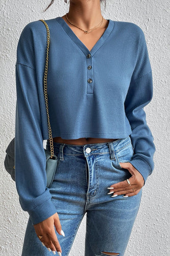 Cropped V-Neck Raglan Sleeve Buttoned Blouse**