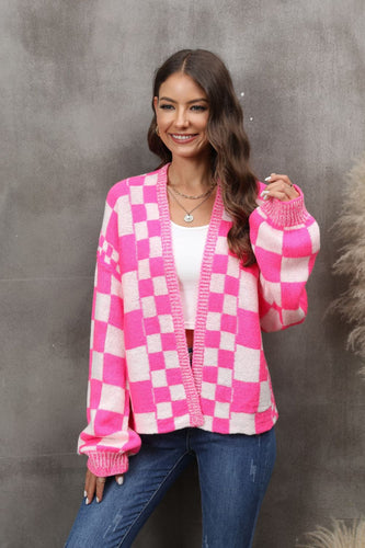 Checkered Open Front Drop Shoulder Cardigan**