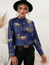 Leopard Graphic Mock Neck Puff Sleeve Blouse**