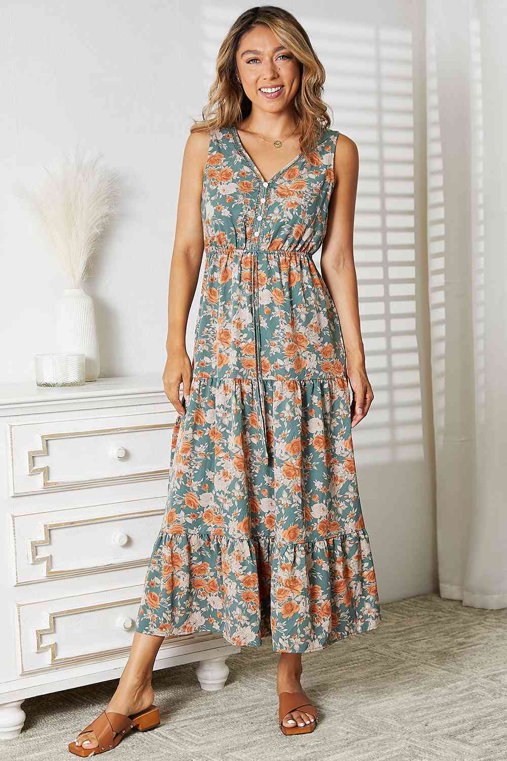 Double Take Floral V-Neck Tiered Sleeveless Dress**