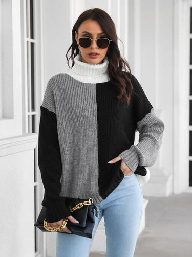 Contrast Turtleneck Long Sleeve Sweater**