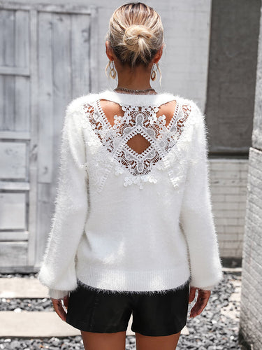 Lace Detail Cutout Long Sleeve Pullover Sweater**