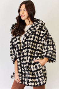 J.NNA Fuzzy Plaid Waist Tie Hooded Robe Cardigan**