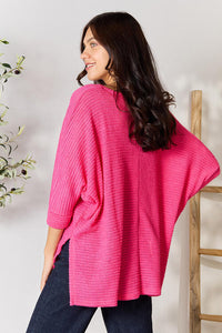 Zenana Full Size Round Neck High-Low Slit Knit Top**