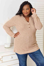 Double Take Notched Neck Ribbed Long Sleeve T-Shirt**