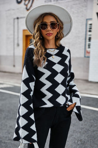 Geometric Slit Flare Sleeve Round Neck Sweater**