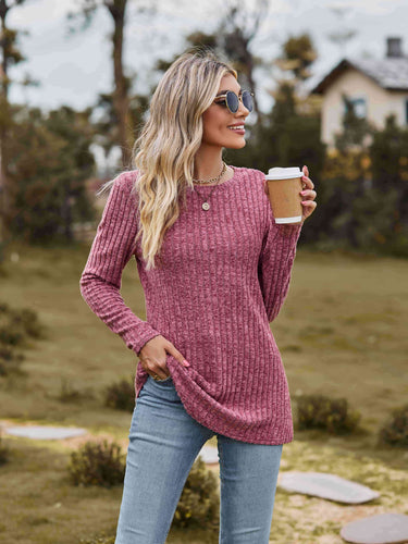 Ribbed Round Neck Long Sleeve Tee**