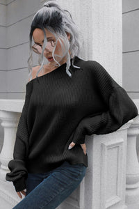 Off-Shoulder Ribbed Long Sleeve Pullover Sweater**