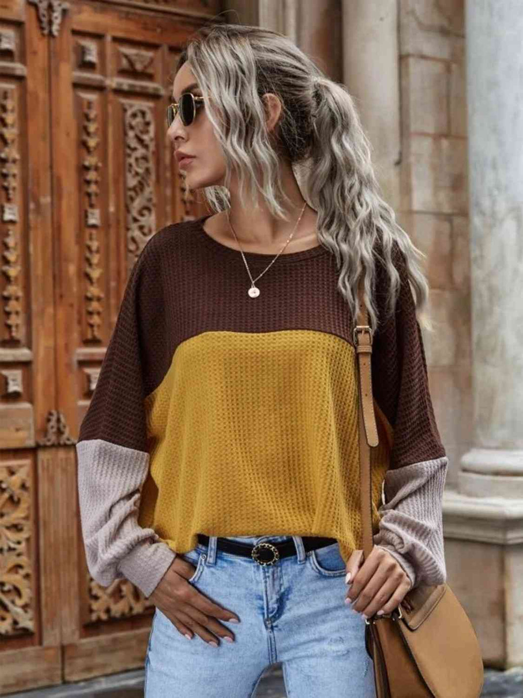 Color Block Waffle-Knit Long Sleeve Top**