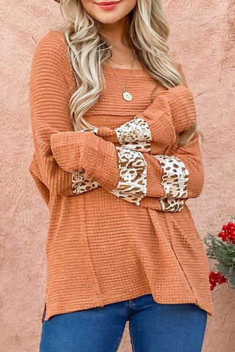 Waffle-Knit Leopard Long Sleeve Slit Blouse**