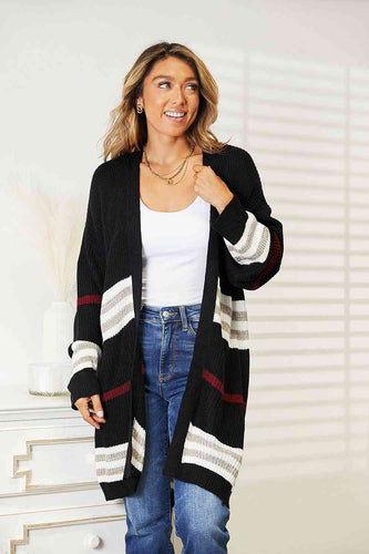 Double Take Striped Rib-Knit Drop Shoulder Open Front Cardigan**